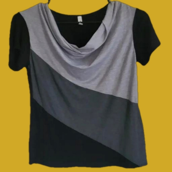 Magic Fit -Light Gray Black & Charcoal Color Block Drape Top - Women -NWOT - Picture 2 of 9